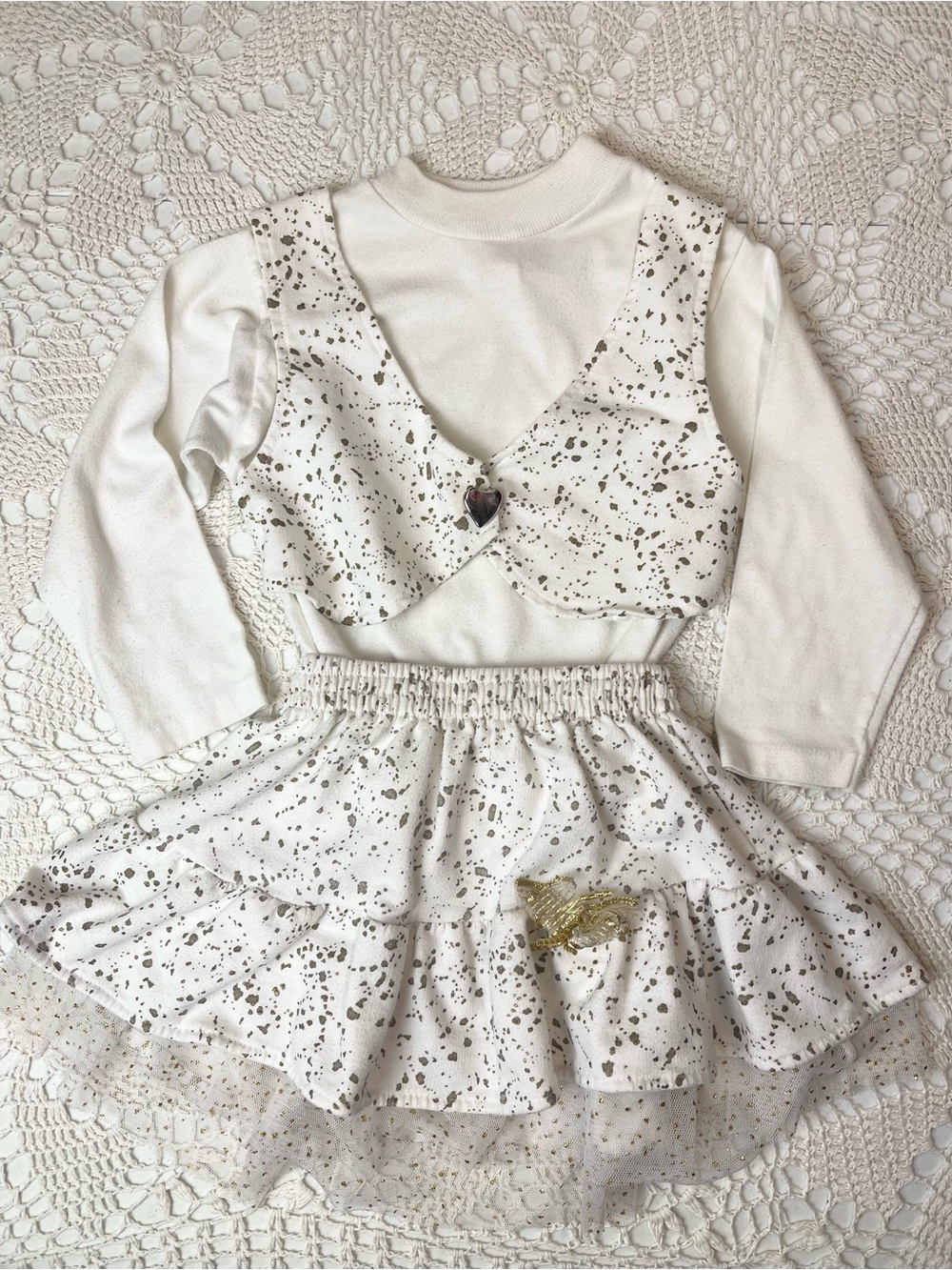 Vintage 1980s Buster Brown Girls 4t Gold Speckled Faux Vest Shirt Skirt Set
